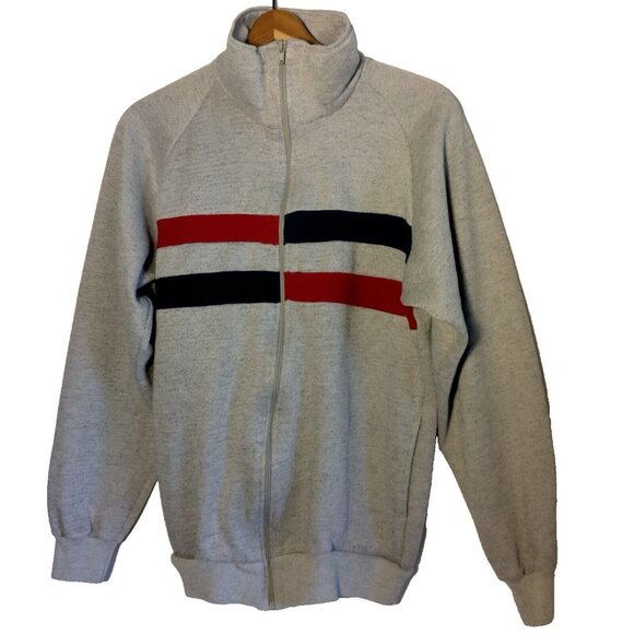 Vintage Track & Court Sweatshirt Men M Tall Gray Full Zip Red Blue Stripe Retro - Picture 1 of 16